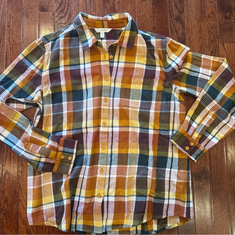 Garnett Hill Organic Cotton Plaid Flannel Shirt Women’s 14 Large XL Orange Brown